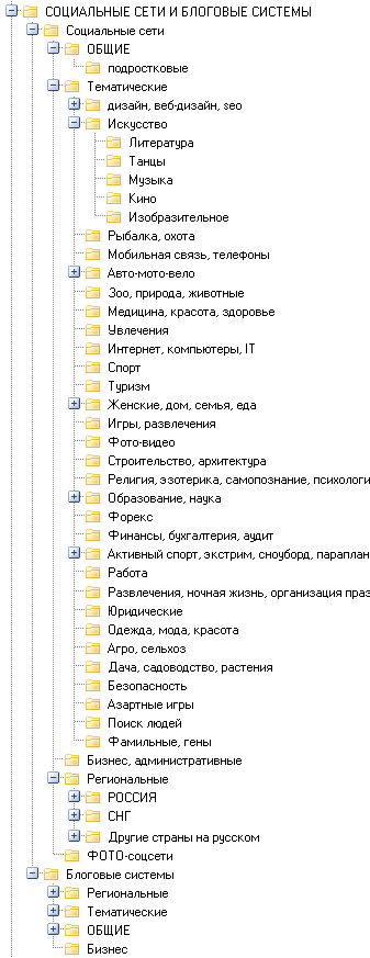 Скриншот в программе Allsubmitter после импорта базы Соцсети и блоговые системы